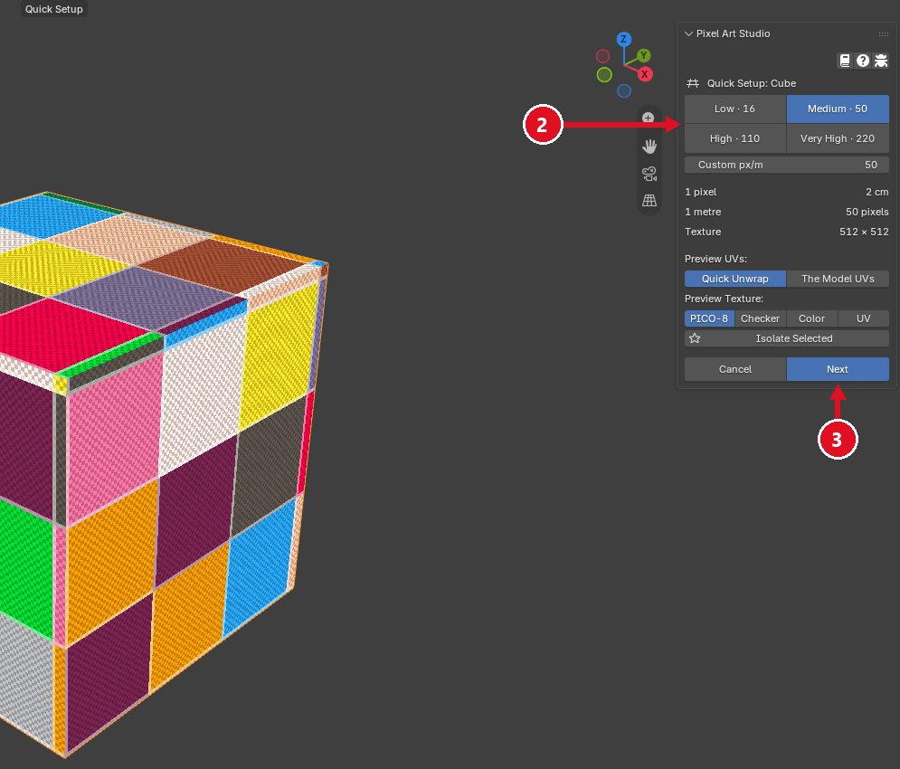 Quick Setup: 2 a pixel size, 3 Next