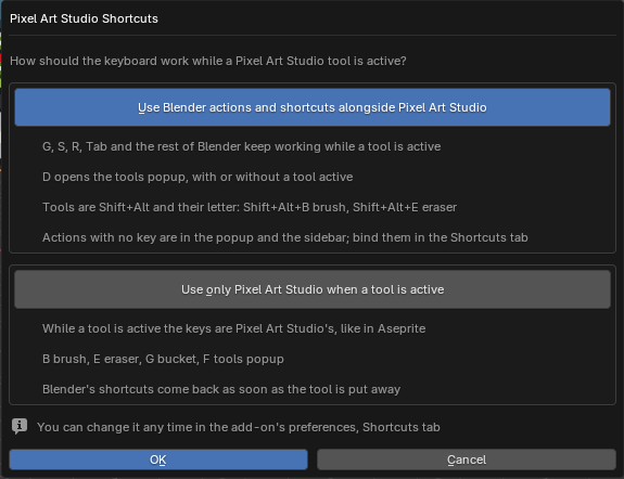The shortcut question: Alongside Blender or Pixel Art Studio Only