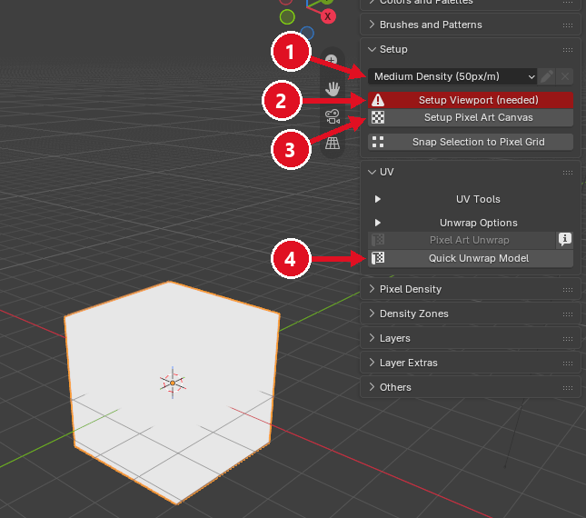 A model with no texture: the pixel size, Setup Viewport, Setup Pixel Art Canvas, Quick Unwrap Model